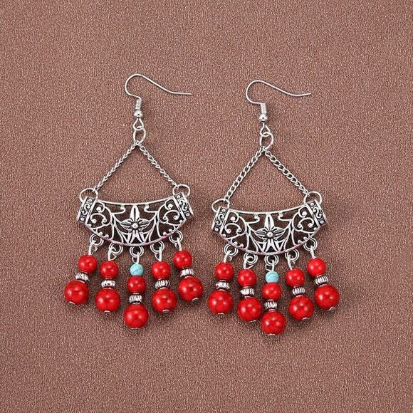Ethnic Style Water Droplets Red Bead Hollow Alloy Turquoise Tassel Earrings Retr - Picture 9 of 10